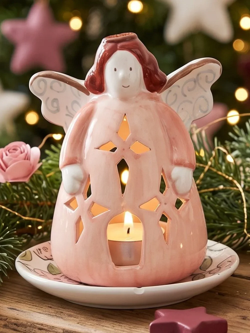 🕯️👼🏻Retro Angel Tea Light Holder 🎄Farmhouse Decor Boho Candle Love Coral